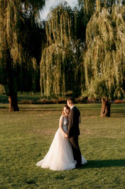 Gelin ve damat gün batımında parkta yürüyor.