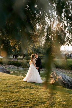 Gelin ve damat gün batımında parkta yürüyor.