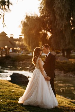 Gelin ve damat gün batımında parkta yürüyor.