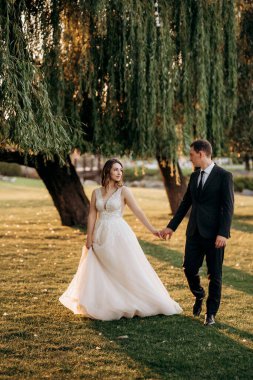 Gelin ve damat gün batımında parkta yürüyor.