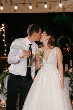 Yeni evlilerin portresi düğün şöleninde başkanlık makamında.