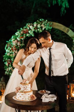 newlyweds happily cut, laugh and taste the wedding cake