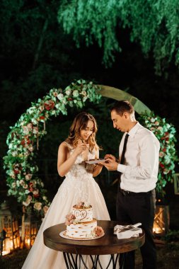 newlyweds happily cut, laugh and taste the wedding cake