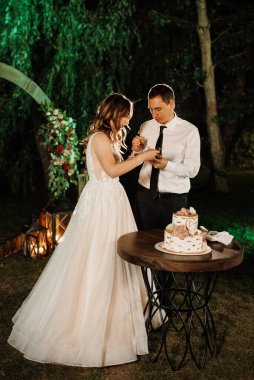 newlyweds happily cut, laugh and taste the wedding cake