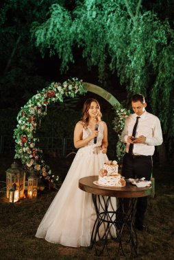 newlyweds happily cut, laugh and taste the wedding cake