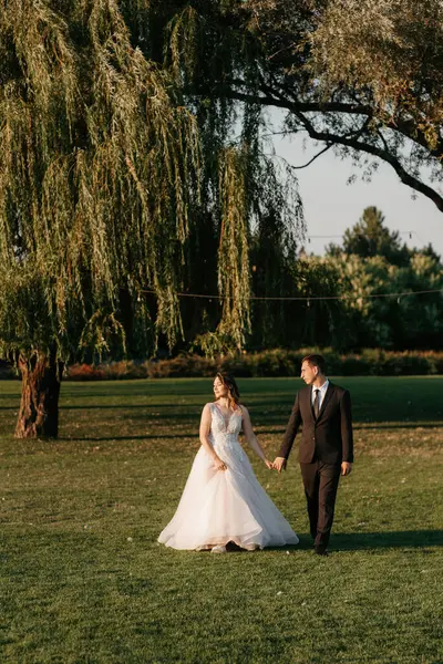 Gelin ve damat gün batımında parkta yürüyor.