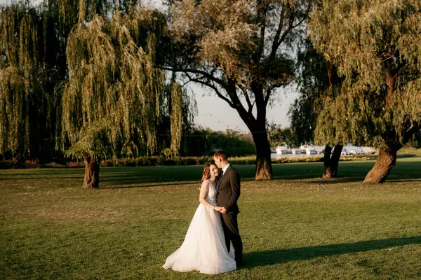Gelin ve damat gün batımında parkta yürüyor.