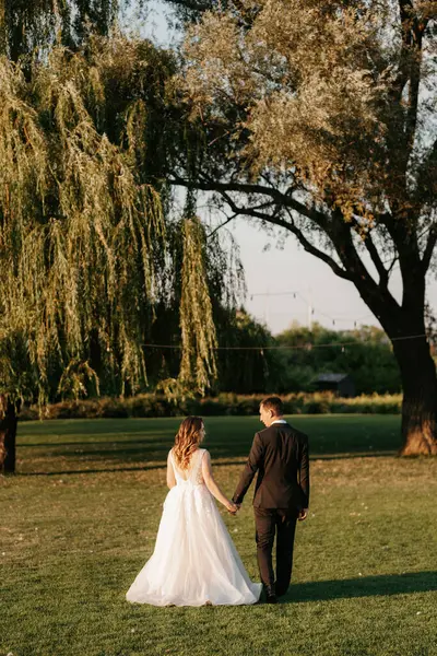 Gelin ve damat gün batımında parkta yürüyor.