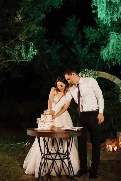 newlyweds happily cut, laugh and taste the wedding cake