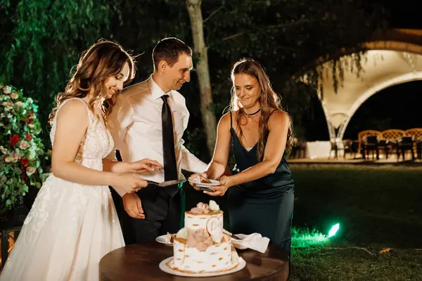 newlyweds happily cut, laugh and taste the wedding cake
