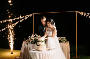 newlyweds happily cut, laugh and taste the wedding cake