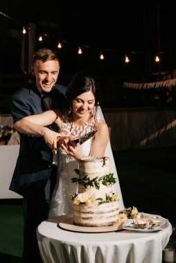 newlyweds happily cut, laugh and taste the wedding cake