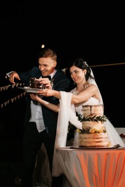 newlyweds happily cut, laugh and taste the wedding cake