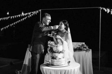 newlyweds happily cut, laugh and taste the wedding cake
