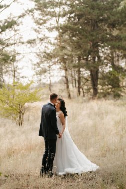 Genç bir çift, bir adam ve bir kız nehir kenarındaki yeşil tepeler boyunca yürüyorlar.