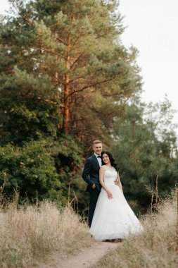 Genç bir çift, bir adam ve bir kız nehir kenarındaki yeşil tepeler boyunca yürüyorlar.