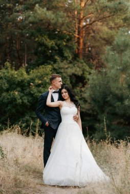 Genç bir çift, bir adam ve bir kız nehir kenarındaki yeşil tepeler boyunca yürüyorlar.