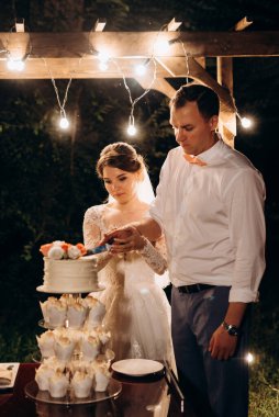 newlyweds happily cut, laugh and taste the wedding cake
