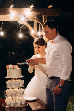 newlyweds happily cut, laugh and taste the wedding cake