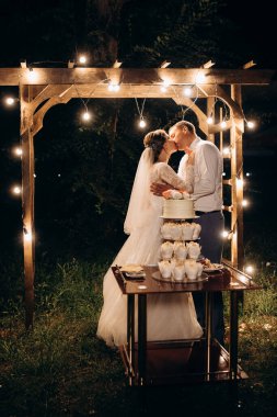 newlyweds happily cut, laugh and taste the wedding cake