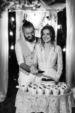 newlyweds happily cut, laugh and taste the wedding cake