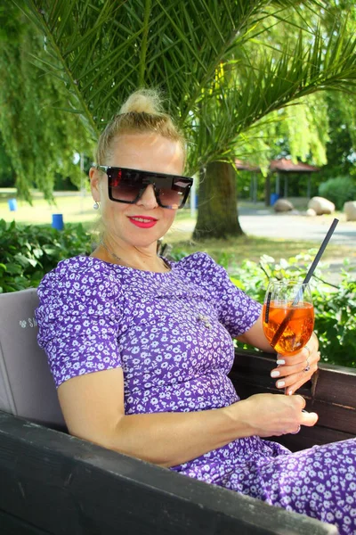 Portrait Attractive Woman Drink Aperol Sitting Beach Lounge Stock Picture