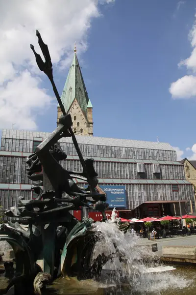 stock image paderborn, nrw, germany, june, 28th, 2024, city view with cathedral square, diocesan museum and neptune fountain,