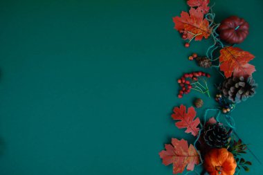 Sonbahar doğal özellikleri yeşil arka planda yatar. Metin için boşluk.