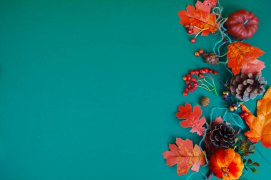 Sarı ağaç yaprakları yeşil arka planda koni ve kırmızı böğürtlenlerin yanında yatar. Metin için boşluk.