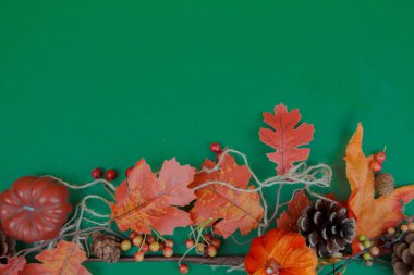 Sonbahar özellikleri koyu yeşil arka planda yatar. Metin için boşluk.