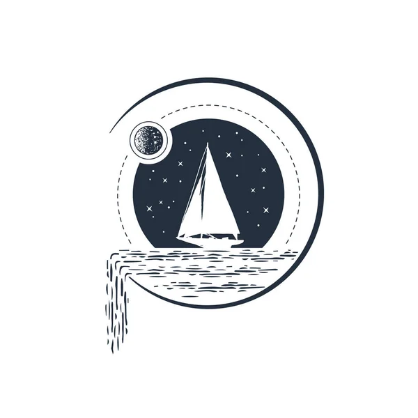 Illustration Vectorielle Texturée Nuit Avec Une Silhouette Yacht Étoiles Mer — Image vectorielle