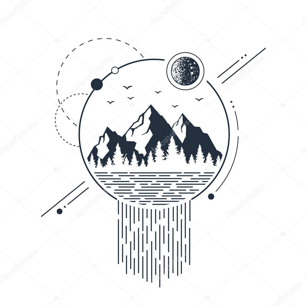 Hand drawn mountains and fir trees textured vector illustrations. Abstract island in space with planets around and a waterfall. Geometric style.