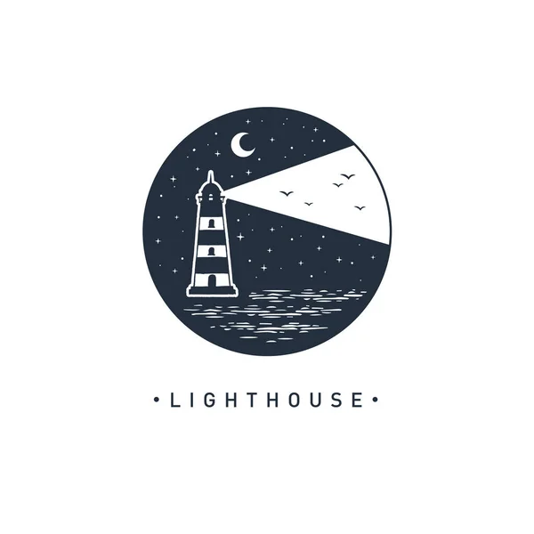 夜のテクスチャベクトルイラストで手描き灯台 三日月 灯台文字の輪 — ストックベクタ