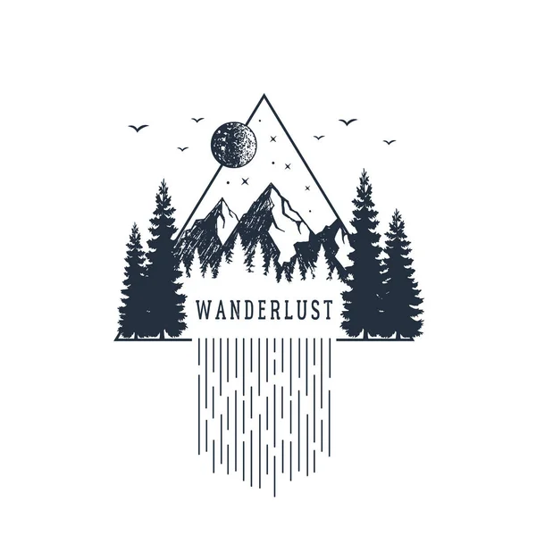 手描きのモミの木や山のテクスチャベクトルイラスト ワンダフル レタリングで三角形の松林 山や滝との二重露出 幾何学的様式 — ストックベクタ