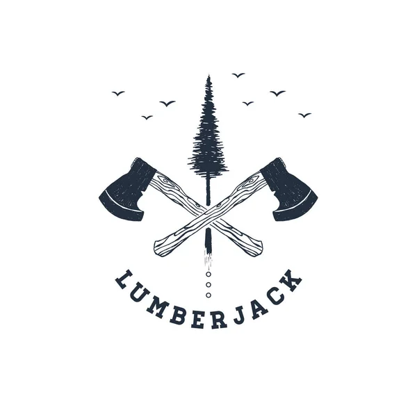 手描き交差軸テクスチャベクトルイラスト 松の木 Lumberjack のレタリングで二重露光 — ストックベクタ