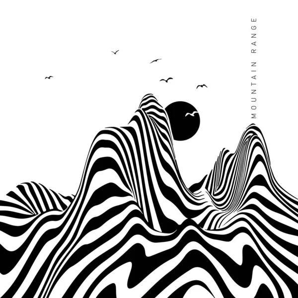 Hypnotic Optical Vector Illustration Multidimensional Waves Forming Peaks Sun Seagulls Stock Ilustrace