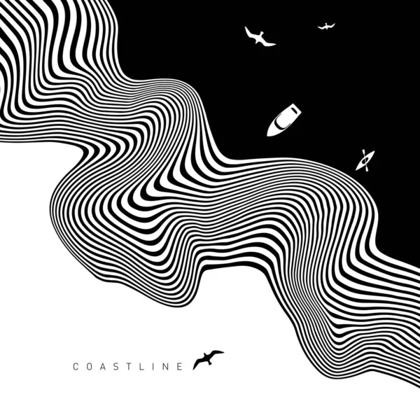 Hypnotic Optical Vector Illustration Multidimensional Sea Waves Yacht Seagulls Coastline Ilustração De Bancos De Imagens