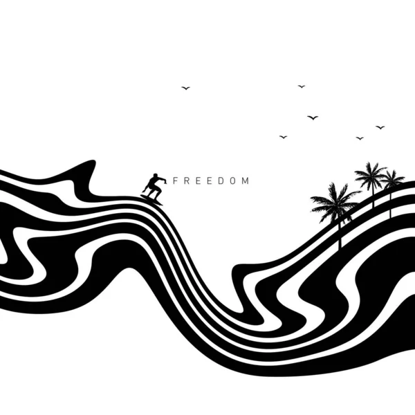 Hypnotic Optical Vector Illustration Multidimensional Sea Waves Surfer Palms Birds Ilustração De Bancos De Imagens