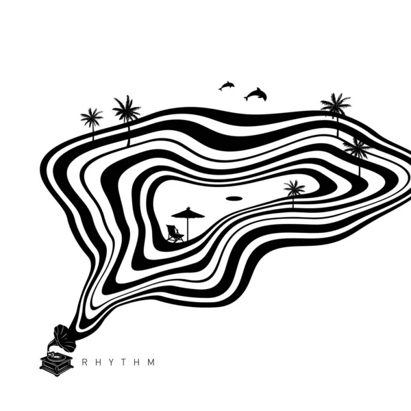 Гипнотическая Оптическая Векторная Иллюстрация Многомерные Волны Вытекающие Граммофона Пальмами Дельфинами Векторная Графика