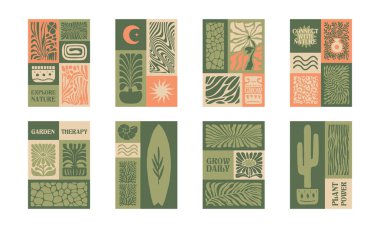 BloomBlock 'lar, soyut botanik duvar resimleri. Doğal toprak renklerinde modern çiçek estetik vektör çizimleri.