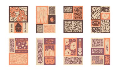 BloomBlock 'lar, soyut botanik duvar resimleri. Doğal toprak renklerinde modern çiçek estetik vektör çizimleri.