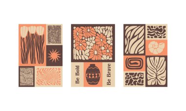 BloomBlock 'lar, soyut botanik duvar resimleri. Doğal toprak renklerinde modern çiçek estetik vektör çizimleri.