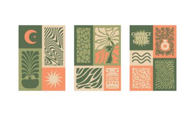 BloomBlock 'lar, soyut botanik duvar resimleri. Doğal toprak renklerinde modern çiçek estetik vektör çizimleri.