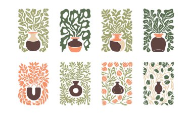 BloomBlock 'lar, soyut botanik duvar resimleri. Doğal toprak renklerinde modern çiçek estetik vektör çizimleri.