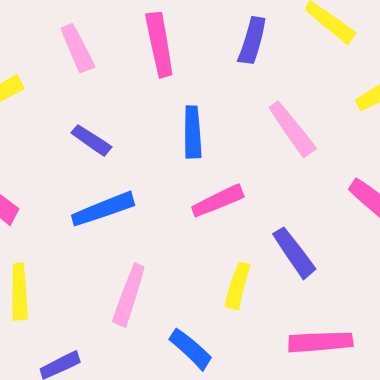 Çizgili, düz desenli, karalamalı, komik el çizimi tarzında. Çocuklar ve çocuklar için tekrarlanabilir renkli konfeti geçmişi. Çizgi film desenli illüstrasyon.