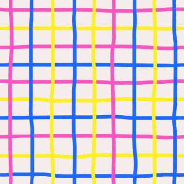 Plaid seamless pattern in doodle funny hand drawn style. Repeatable colorful stripes background for kids, children. Illustration with cartoon check pattern. clipart