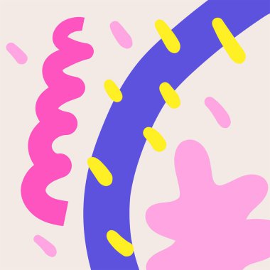 El çizimi soyut çocuk tarzı arka plan. Sevimli karalama modası sanatı şekillendirir. Komik kart, kapak, basit şekilli sanat eserleri. Modern dağınık resimleme