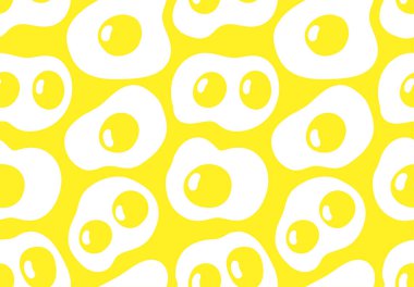 Yumurtalarla kusursuz desen. Güzel el çizimi komik karalama kızartılmış, haşlanmış, çiğ tavuk, bıldırcın yumurtası illüstrasyonu. Çizgi film biçimi tekrarlanabilir sarısı duvar kağıdı, kapak, arkaplan, sayfa, paketleme, yazdırma