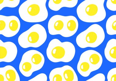 Yumurtalarla kusursuz desen. Güzel el çizimi komik karalama kızartılmış, haşlanmış, çiğ tavuk, bıldırcın yumurtası illüstrasyonu. Çizgi film biçimi tekrarlanabilir sarısı duvar kağıdı, kapak, arkaplan, sayfa, paketleme, yazdırma