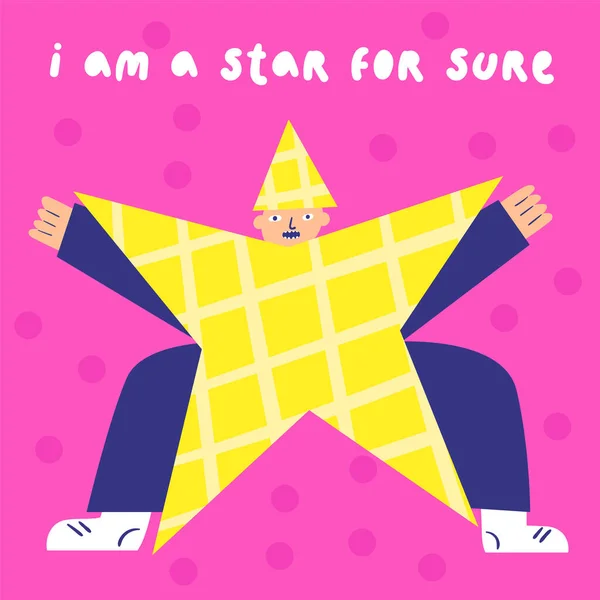 Motivasyon Kartı Yıldız Kostümlü Bir Çocukla Şirin Bir Çizimi Komik — Stok Vektör